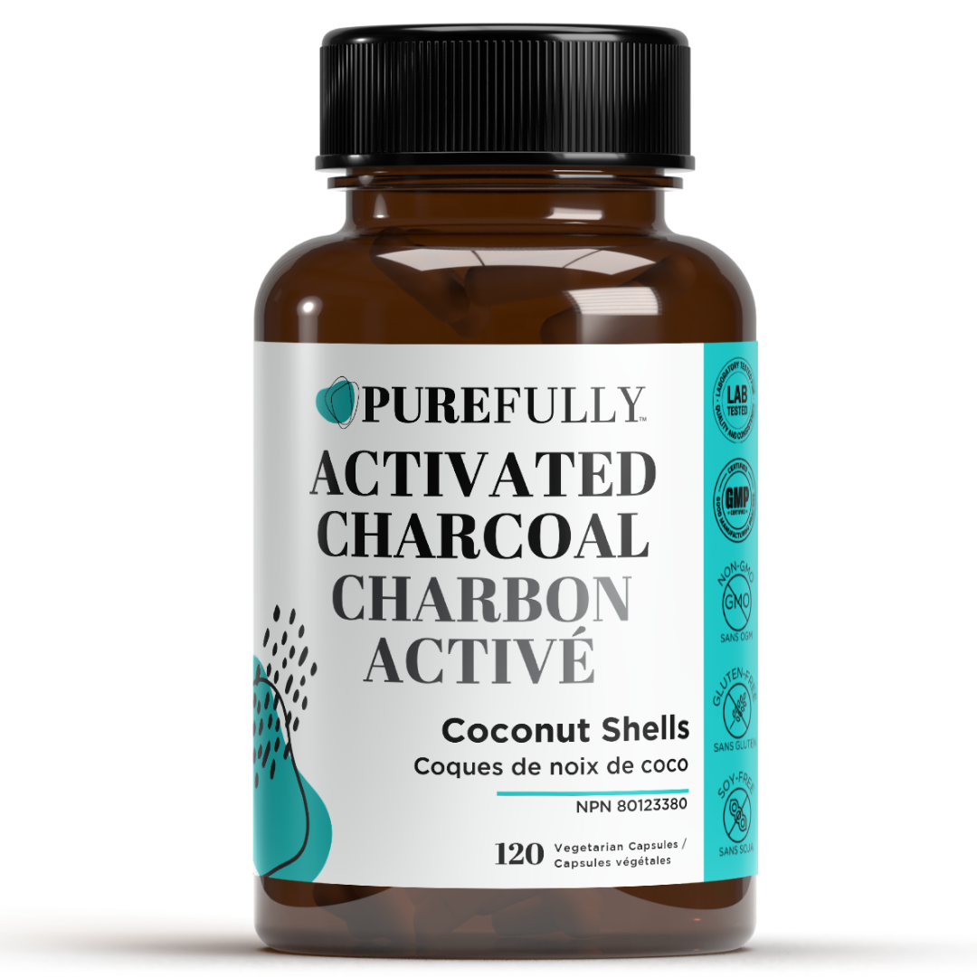 Activated charcoal supplement bottle with coconut shell charcoal, 120 vegetarian capsules, lab tested, non-GMO, gluten-free.