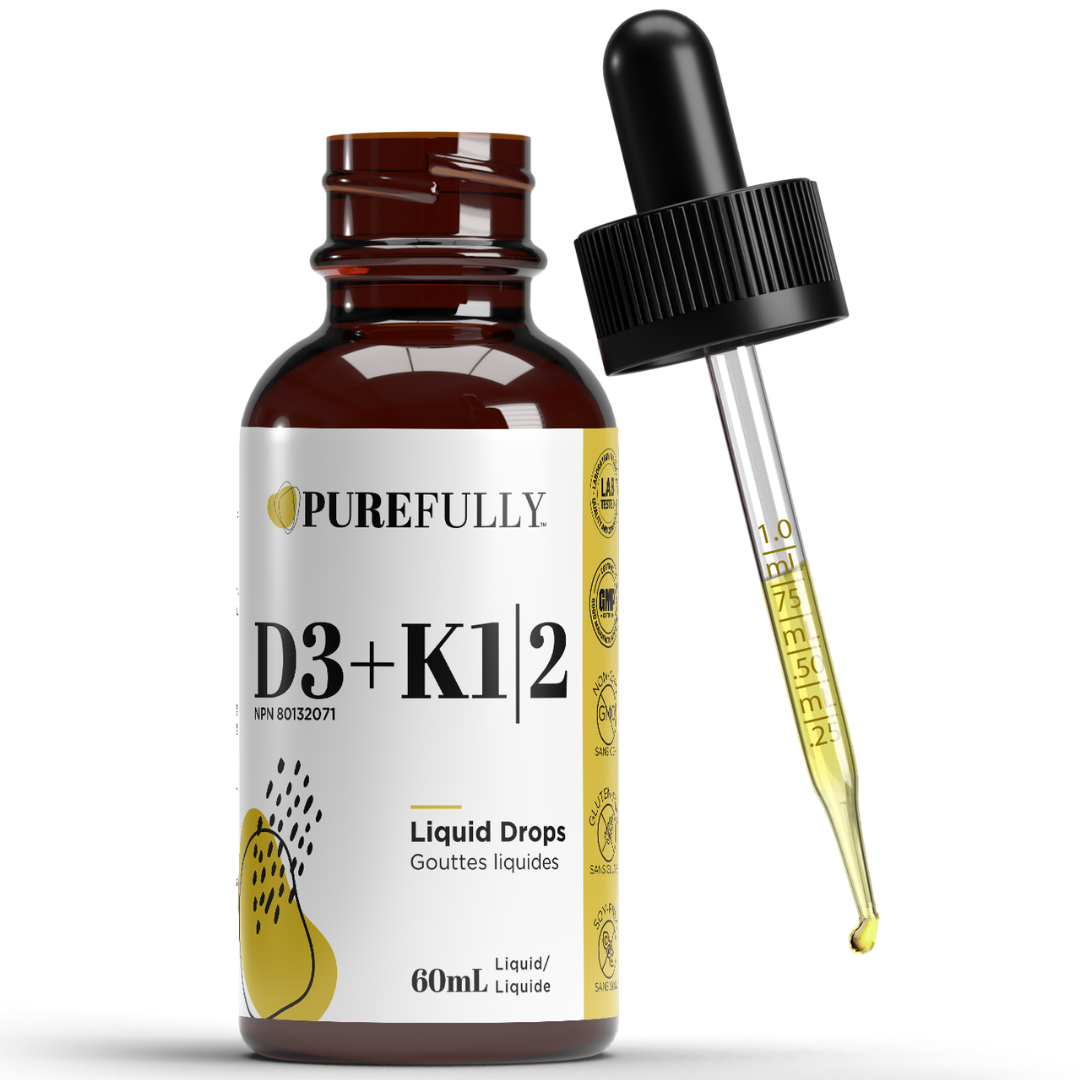 PUREFULLY D3+K1+K2 liquid drops bottle with dropper applicator, featuring a high-potency vitamin formula designed to support bone, calcium absorption, and immune health.